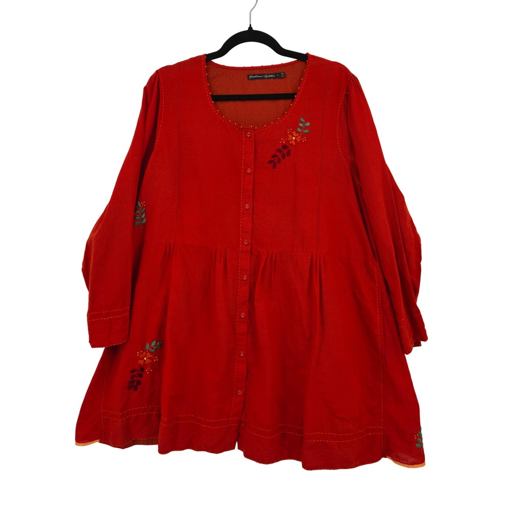 Gudrun Sjoden Burnt Orange Organic Cotton Linen Embroidered Tunic Top Large Boho